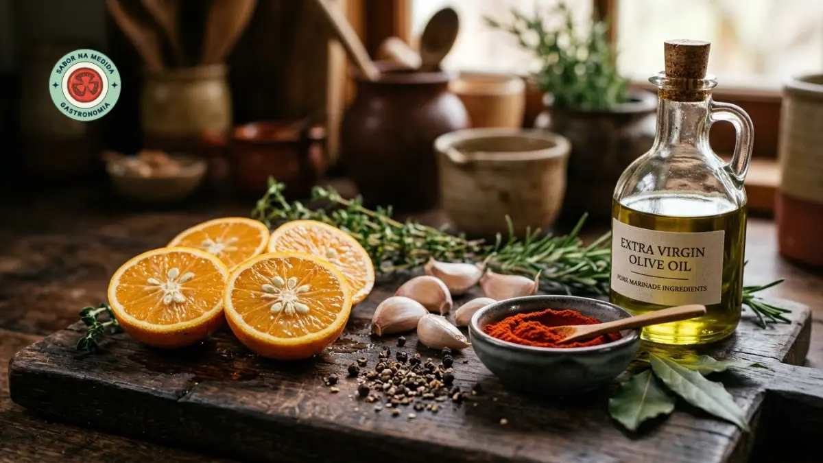 Ingredientes frescos para marinada de carne de porco sobre uma tábua de madeira, incluindo limão cravo, dentes de alho, pimenta-do-reino, páprica e azeite.